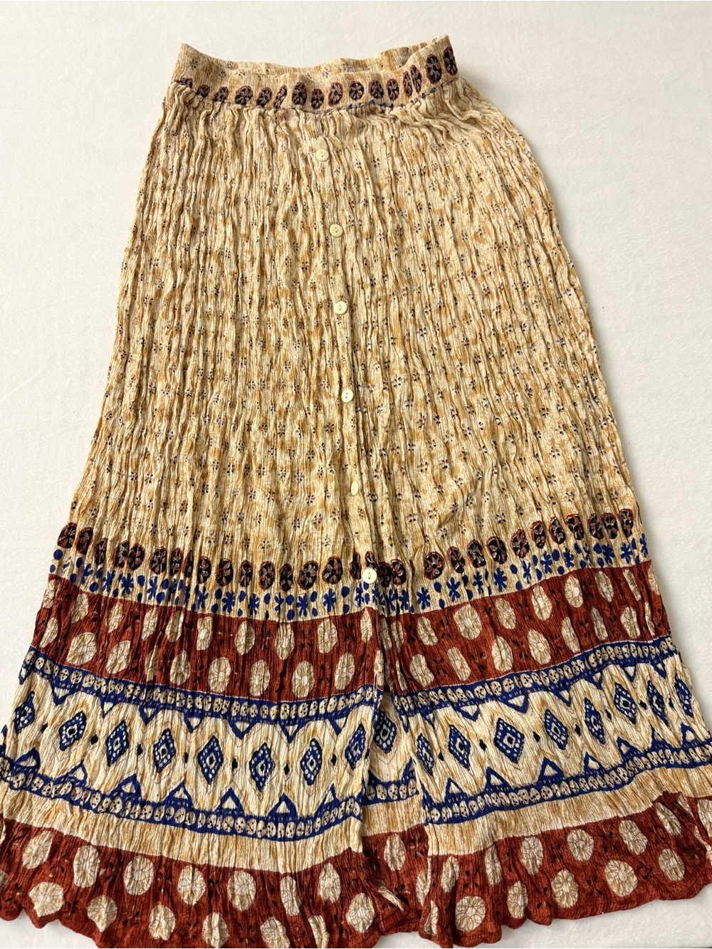 Vintage Symphony Crinkle Rayon Button Front Boho Midi Skirt Earthy Print OS